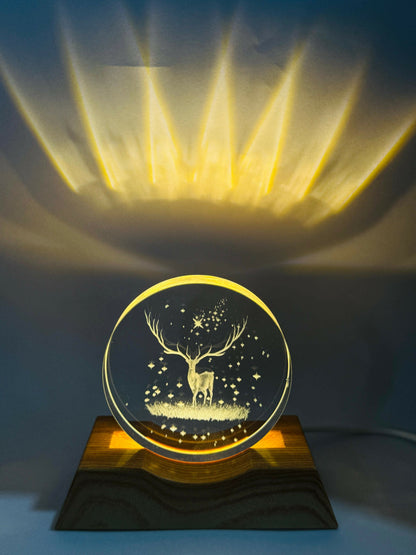 3D Deer Night Lamp with Wooden Base | Laser Engraved Acrylic LED Light with Starry Sky Design | Aesthetic Bedside Lamp for Home Decor, Kids Room, Nature Lovers & Gifting | Warm Ambient Glow Light