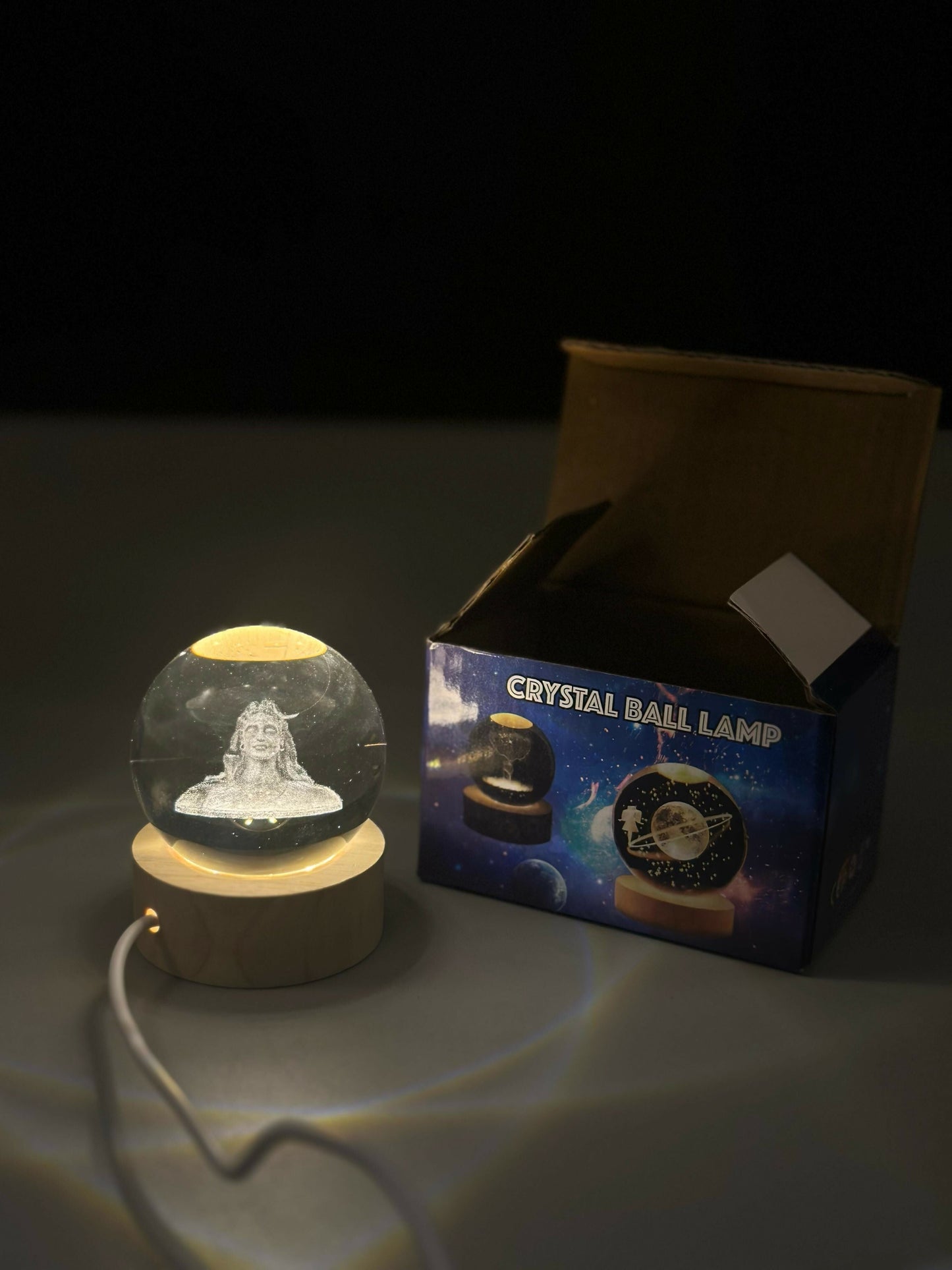 3D Crystal Glass Shiva Sculpture LED Night Lamp with Wooden Base – Illuminated Adiyogi Bust Decorative Light for Meditation, Spiritual Home Décor, and Gift Purposes